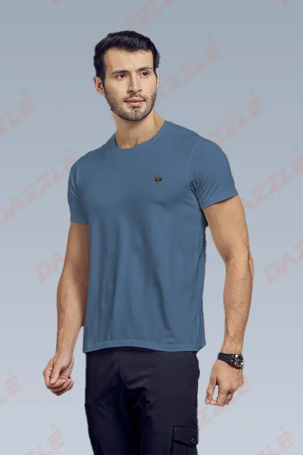 COTTON LYCRA CREW NECK T-SHIRT - BLUE GREY - Image 4