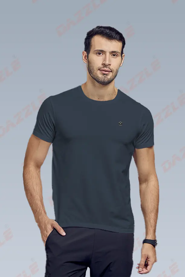 COTTON LYCRA CREW NECK T-SHIRT -  MELANG BLUE - Image 3