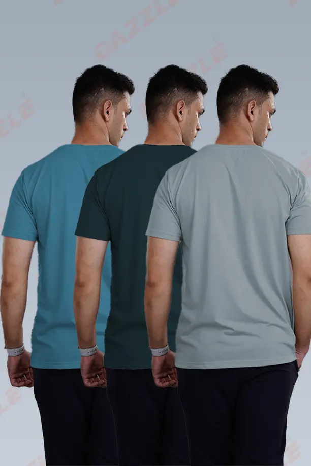 CRAZY ROUND NECK T SHIRTS COMBO PACK OF 3 BOTTLE GREEN - LIGHT GREY - SEA BLUE - Image 2