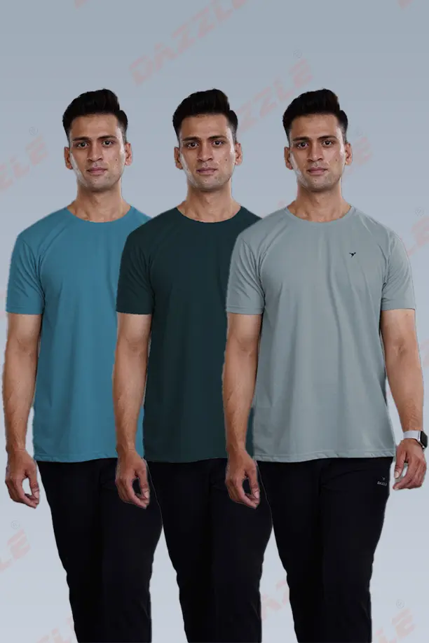 CRAZY ROUND NECK T SHIRTS COMBO PACK OF 3 BOTTLE GREEN - LIGHT GREY - SEA BLUE - Image 3