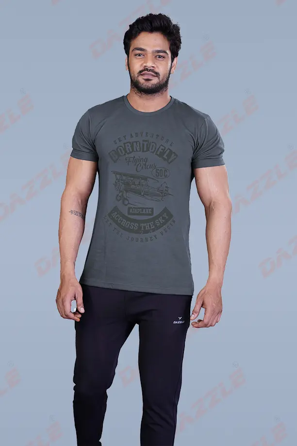PRINTED ROUND NECK T-SHIRT PRINT - BORN TO FLY-MELANGE BLACK - Image 4