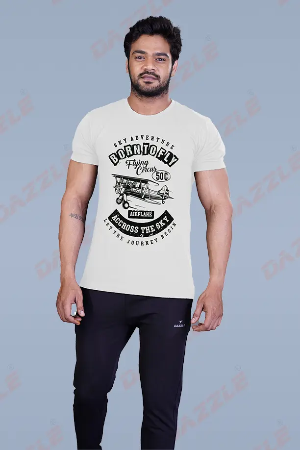 PRINTED ROUND NECK T-SHIRT PRINT - BORN TO FLY - WHITE - Image 4
