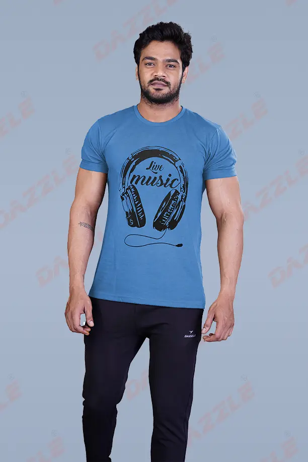 PRINTED ROUND NECK T-SHIRT PRINT - LIVE MUSIC - BLUE GREY - Image 4
