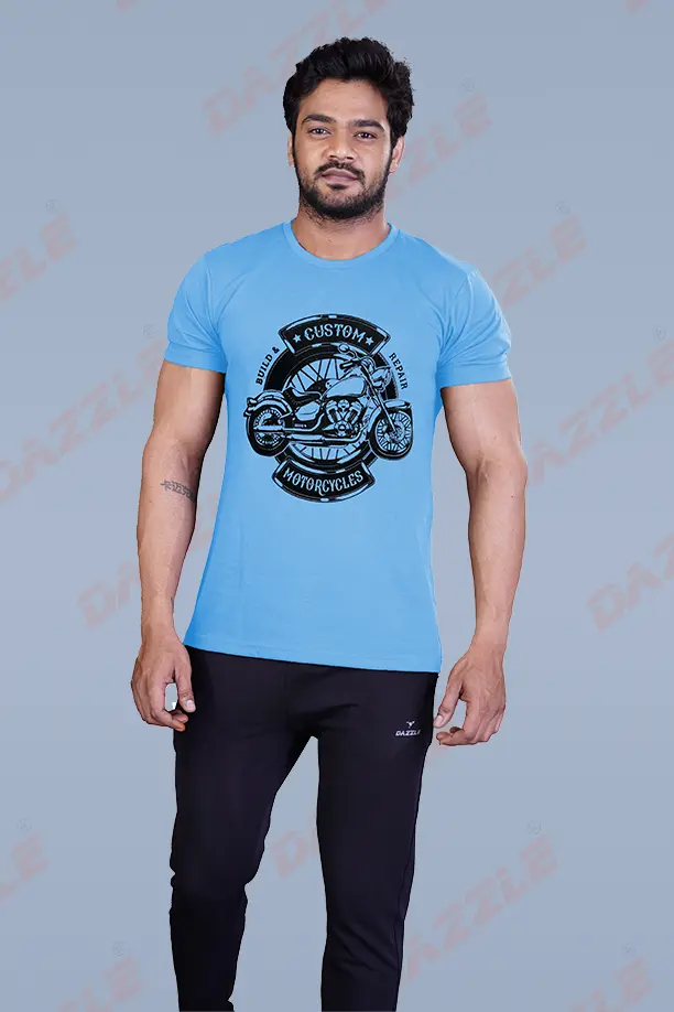 PRINTED ROUND NECK T-SHIRT PRINT - MOTOR CYCLES-SKY BLUE - Image 4