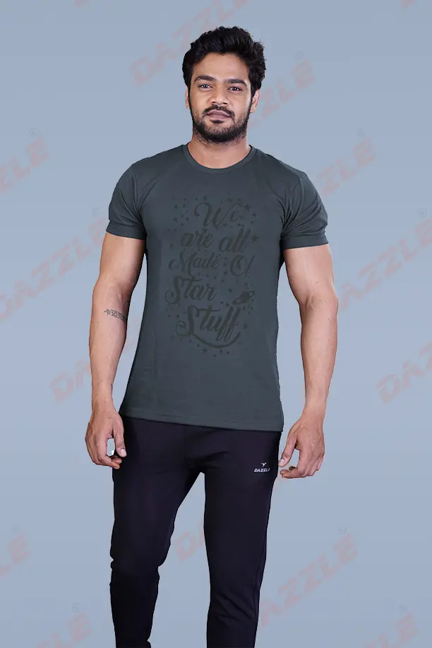 PRINTED ROUND NECK T-SHIRT PRINT - STAR STAFF-MELANGE BLACK
