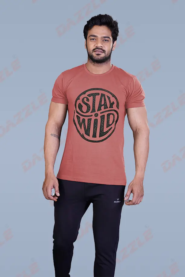 PRINTED ROUND NECK T-SHIRT PRINT - STAY WILD-BRICK RED - Image 4