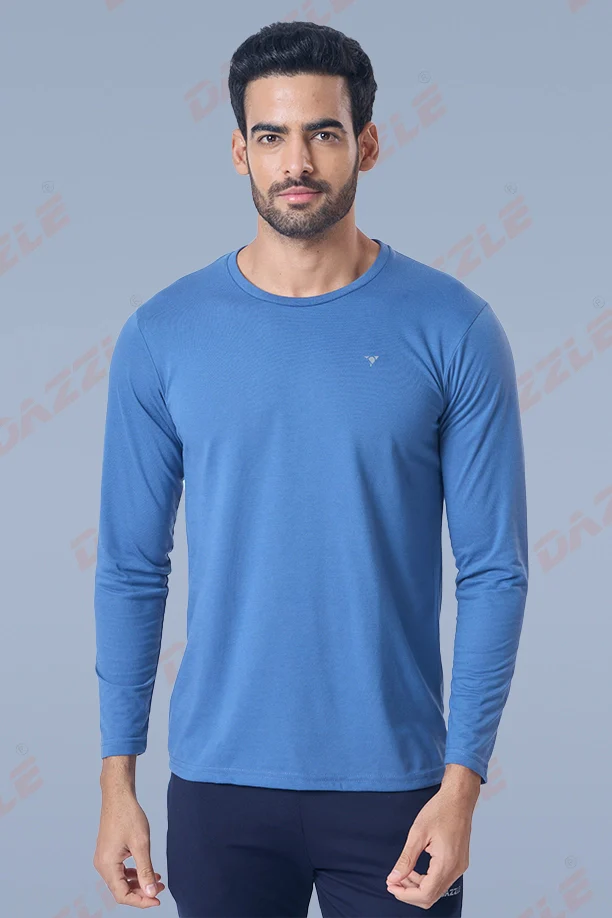 ROUND NECK FULL SLEEVES T- SHIRT - BLUE GREY - Image 3