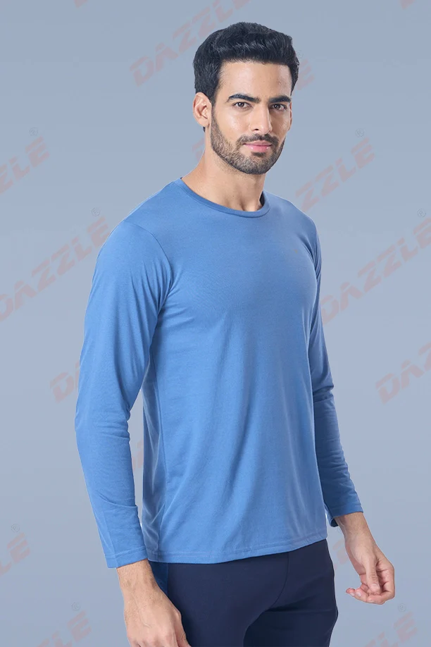 ROUND NECK FULL SLEEVES T- SHIRT - BLUE GREY - Image 4