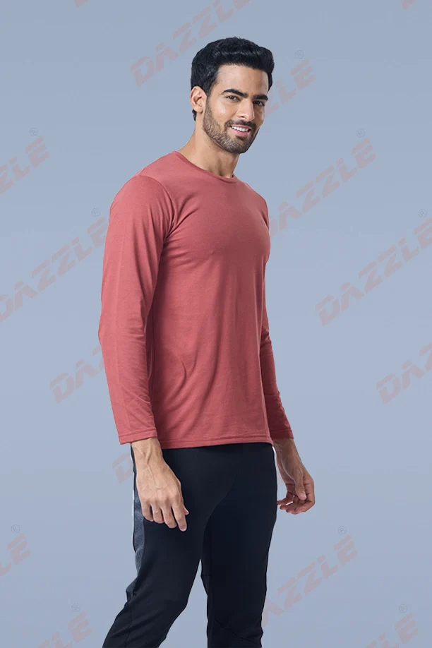 ROUND NECK FULL SLEEVES T- SHIRT - BRICK RED - Image 3