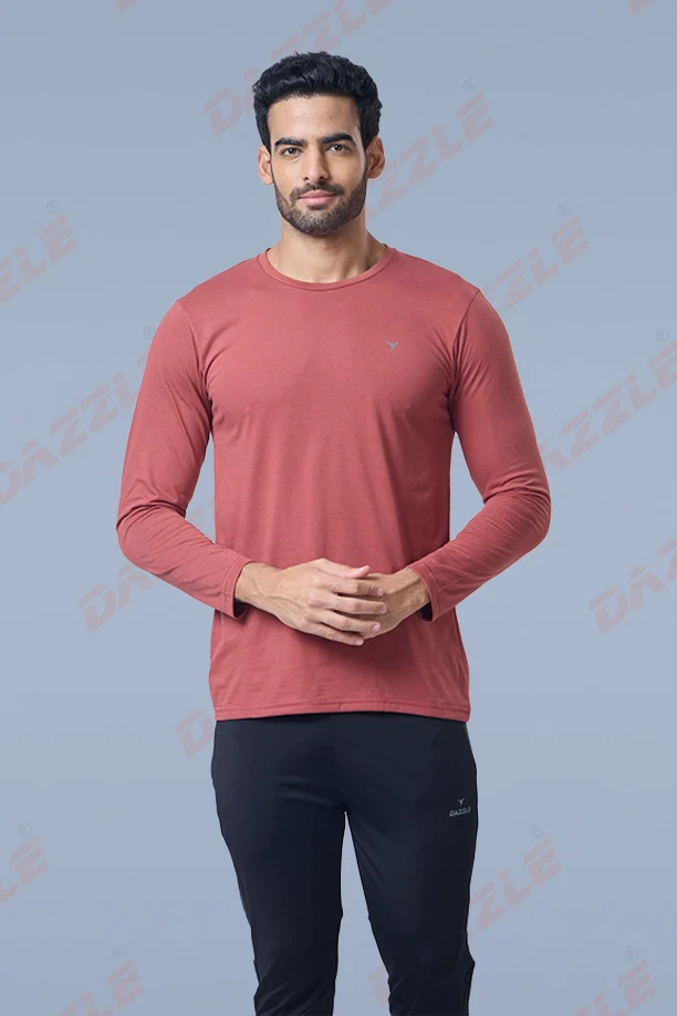 ROUND NECK FULL SLEEVES T- SHIRT - BRICK RED - Image 4