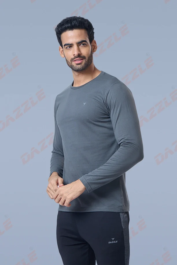 ROUND NECK FULL SLEEVES T- SHIRT - DARK GREY - Image 6