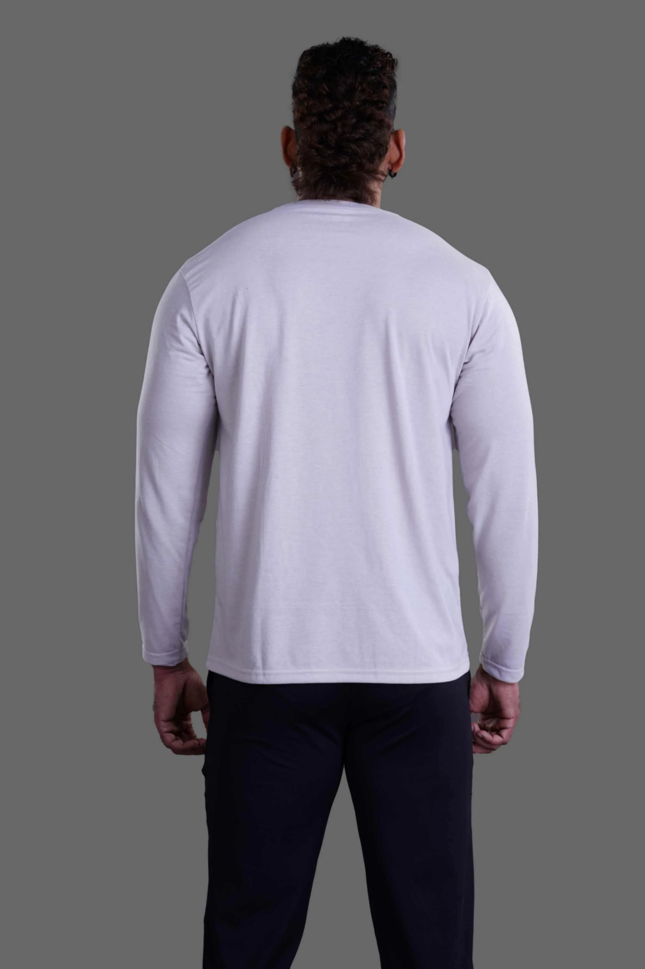 ROUND NECK FULL SLEEVES T- SHIRT - LIGHT GREY - Image 3