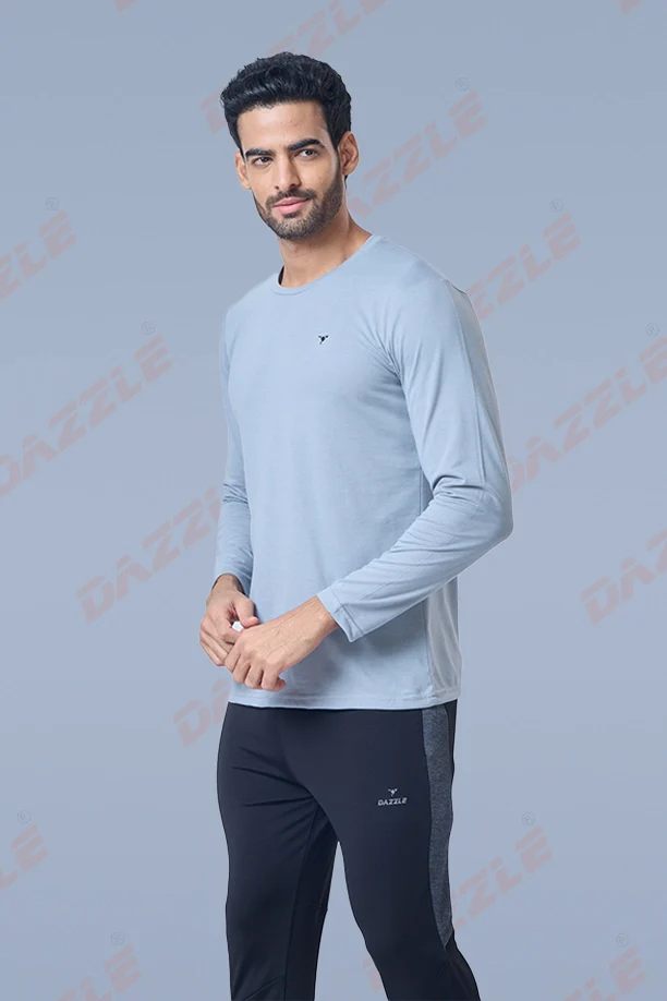 ROUND NECK FULL SLEEVES T- SHIRT - MEDIUM GREY - Image 3