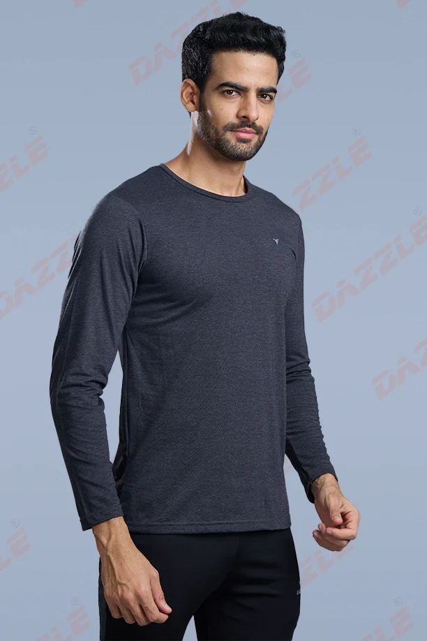 ROUND NECK FULL SLEEVES T- SHIRT - MELANGE BLACK - Image 4