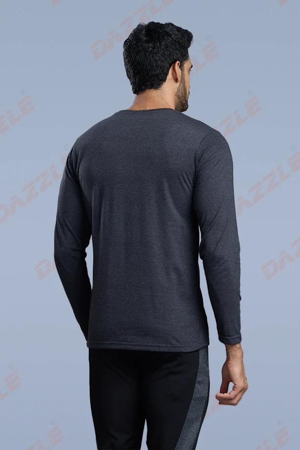 ROUND NECK FULL SLEEVES T- SHIRT - MELANGE BLACK - Image 5