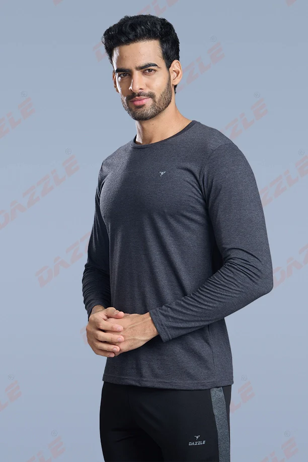 ROUND NECK FULL SLEEVES T- SHIRT - MELANGE BLACK - Image 6