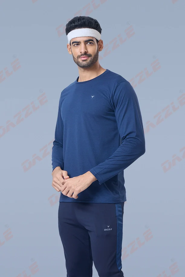 ROUND NECK FULL SLEEVES T- SHIRT - NAVY BLUE - Image 3