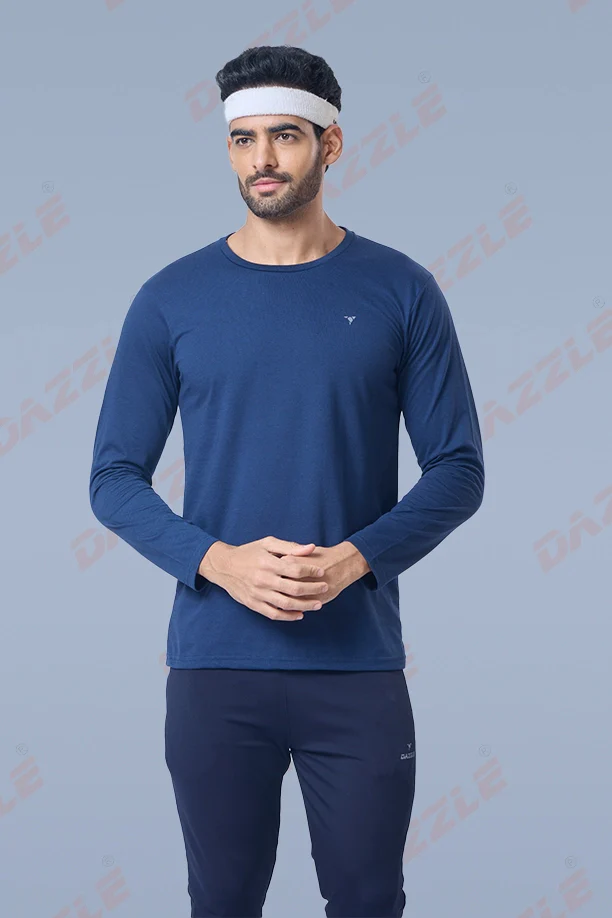 ROUND NECK FULL SLEEVES T- SHIRT - NAVY BLUE - Image 4