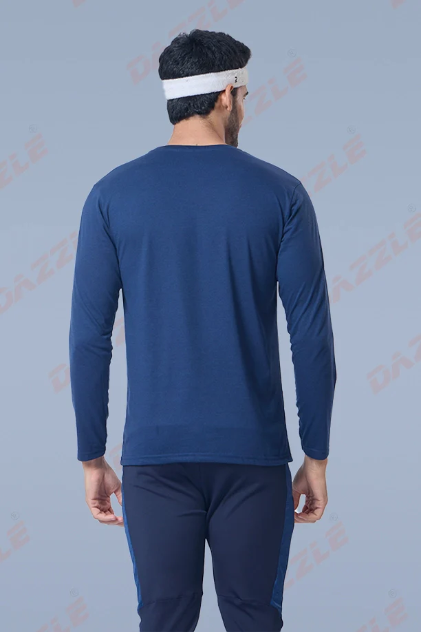 ROUND NECK FULL SLEEVES T- SHIRT - NAVY BLUE - Image 5