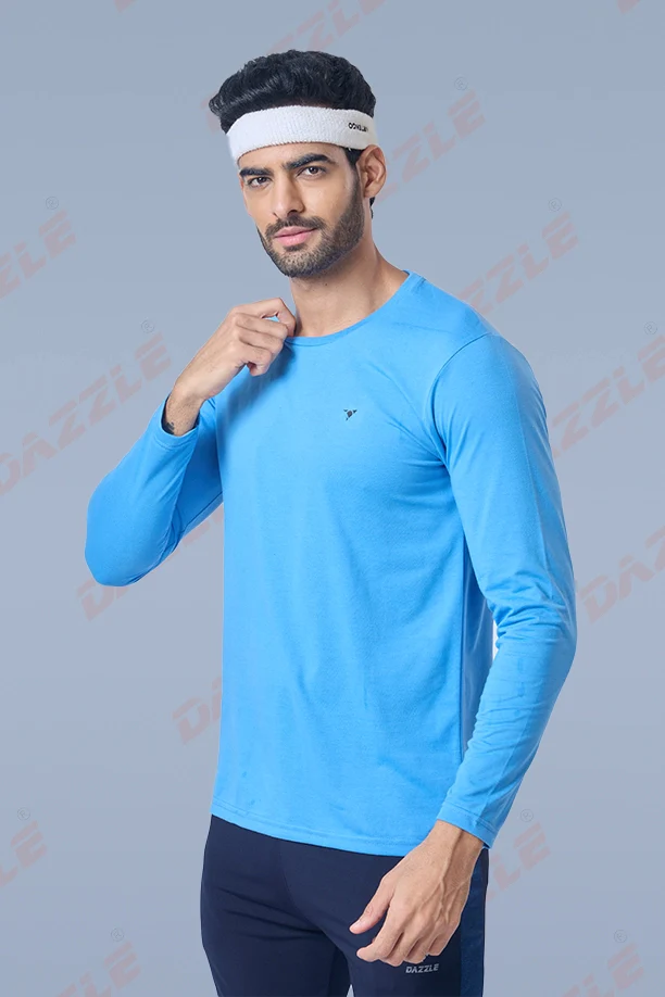 ROUND NECK FULL SLEEVES T- SHIRT - SKY BLUE - Image 3