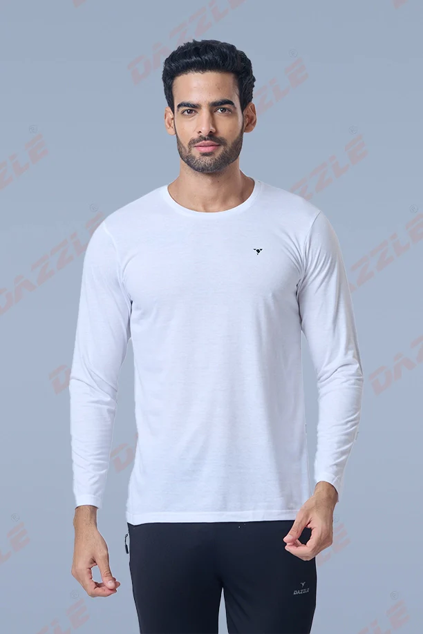 ROUND NECK FULL SLEEVES T- SHIRT - WHITE - Image 4